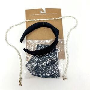Berry Knotted Headband, Patterned Mask, and Pearl Mask Chain, Brand New